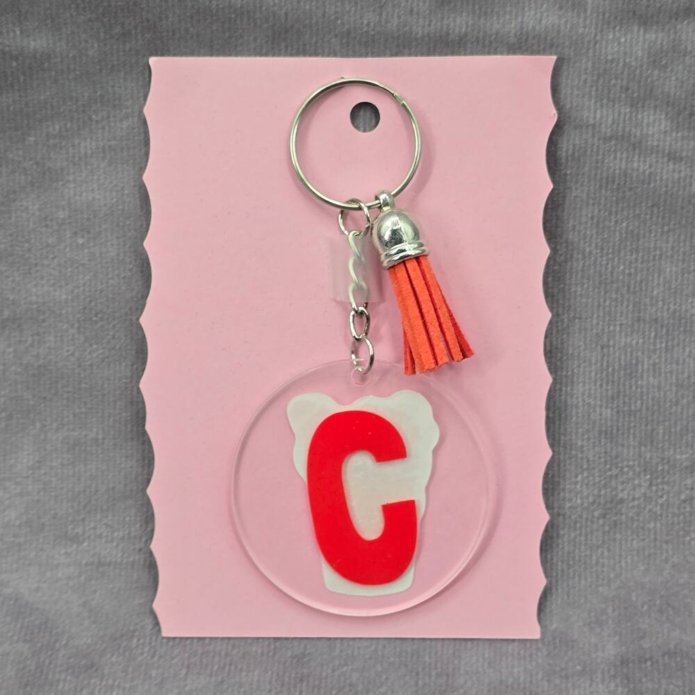 Letter Keychain Clear Silver‎ Circle Handmade Acrylic Tassel Flower C Orange